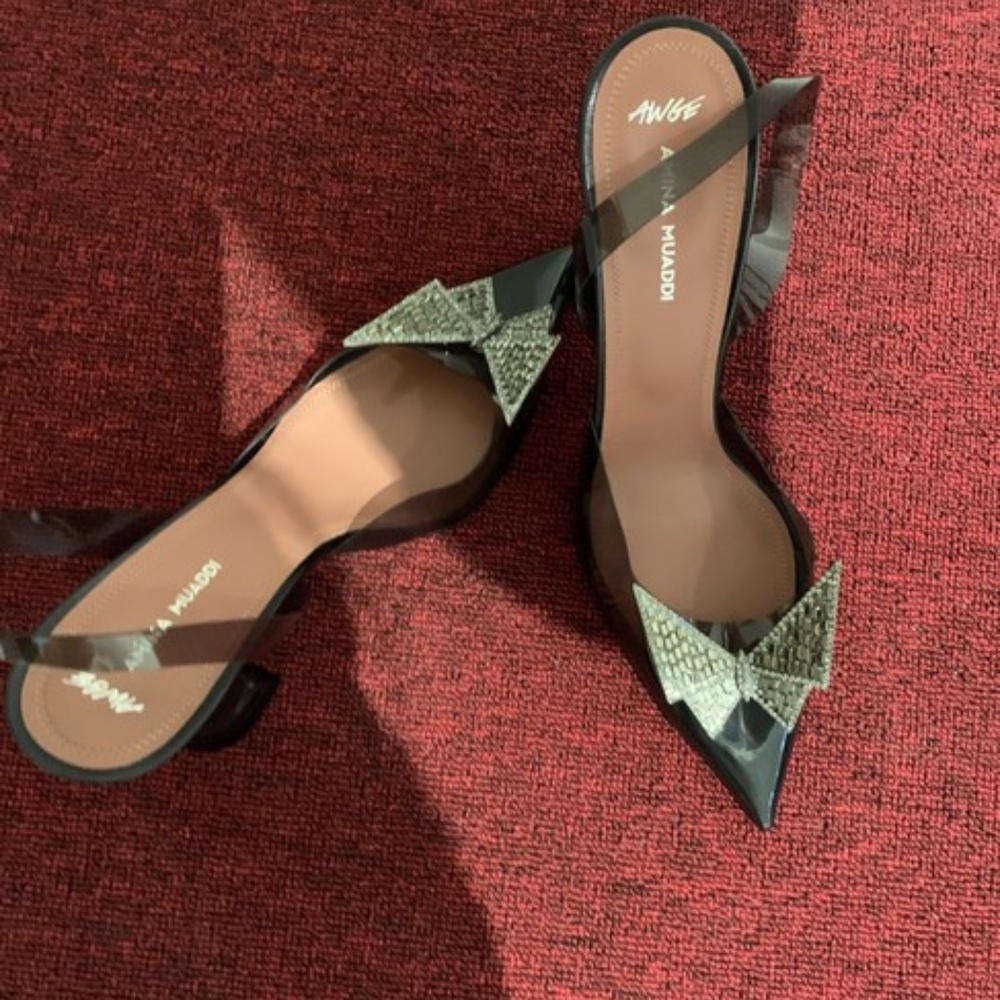 Amina Muaddi Clear/Grey Black Awge Phoenix Sling Butterfly Pvc Slingback Sandals